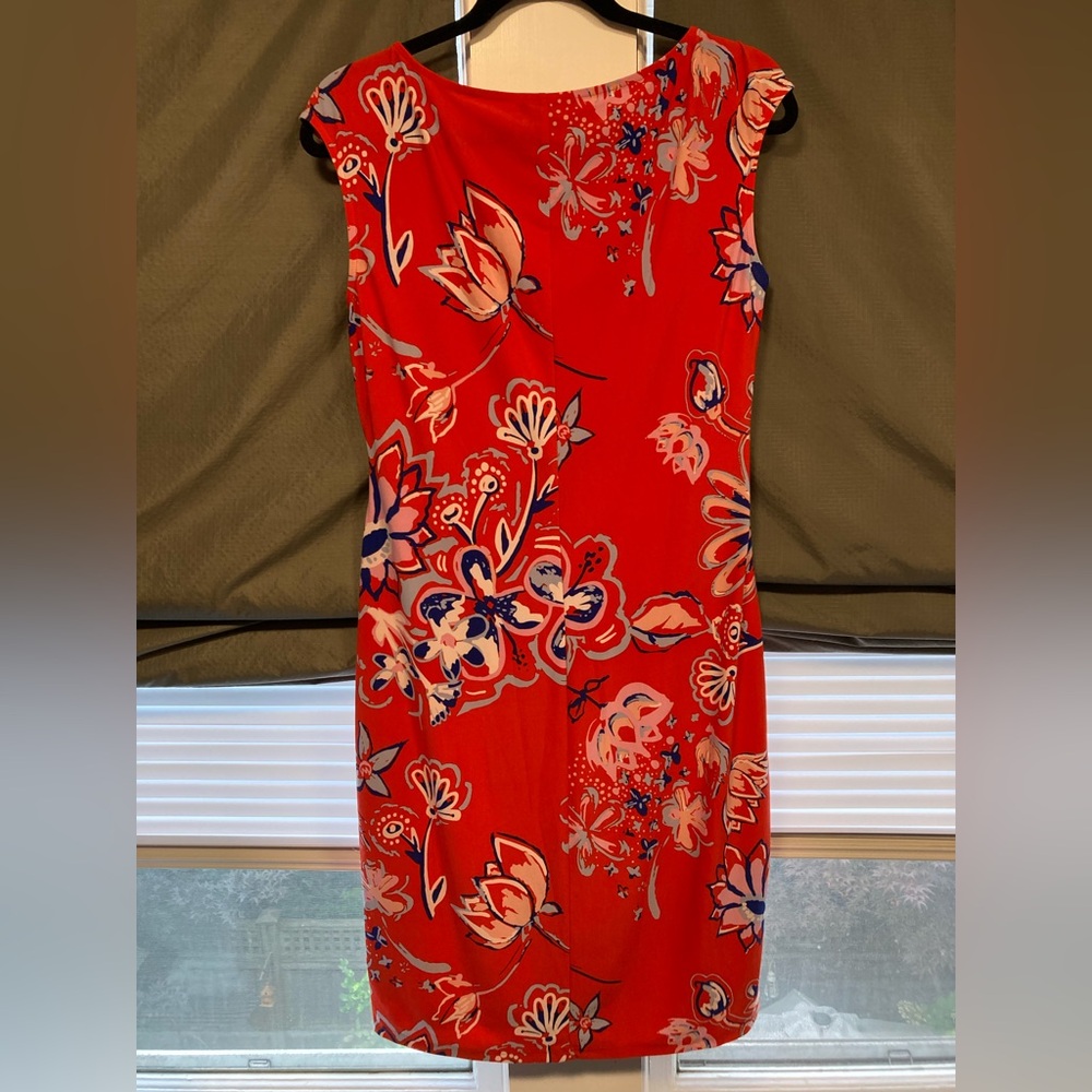 Chaps Bright Orange Midi Floral Dress w Side Ruching, Size Large - Picture 12 of 12